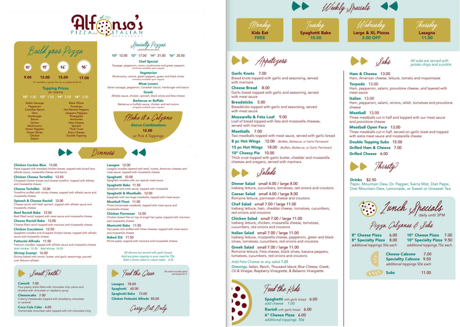 Alfonso's Pizza & Italian Restaurant Italian Menu Decatur AL